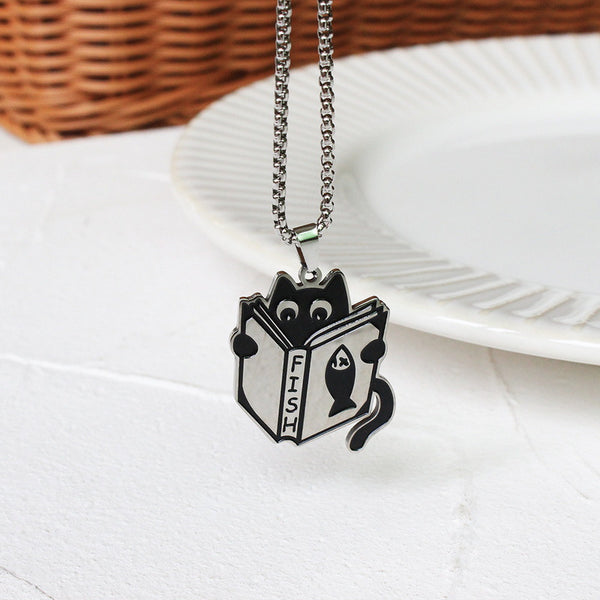 Black Cat Reading Fish Book Pendant Necklace