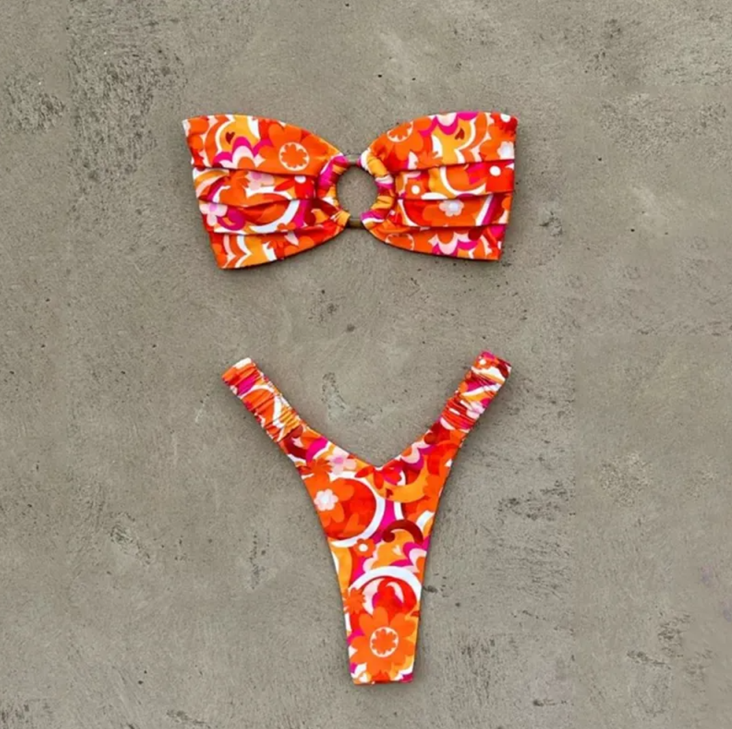 Women's Retro Floral Bandeau Bikini Set