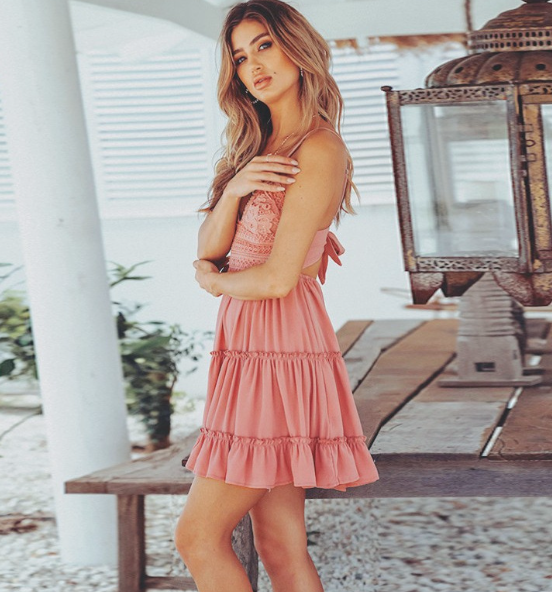V-Neck Chiffon Ruffled Hem Dress with Spaghetti Straps