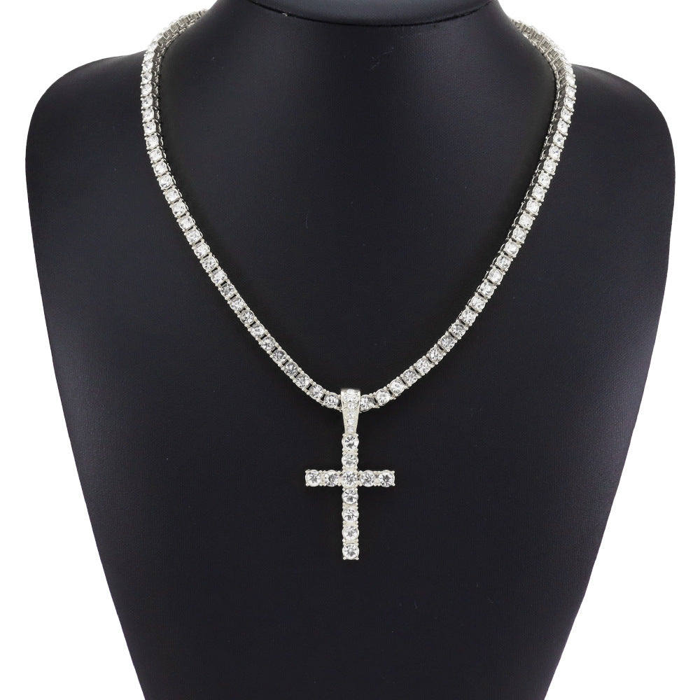 Hip Hop Rhinestone Cross Pendant Necklace