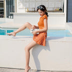 Women's Modest Short-Sleeve Top and Polka Dot Skirted Swimsuit