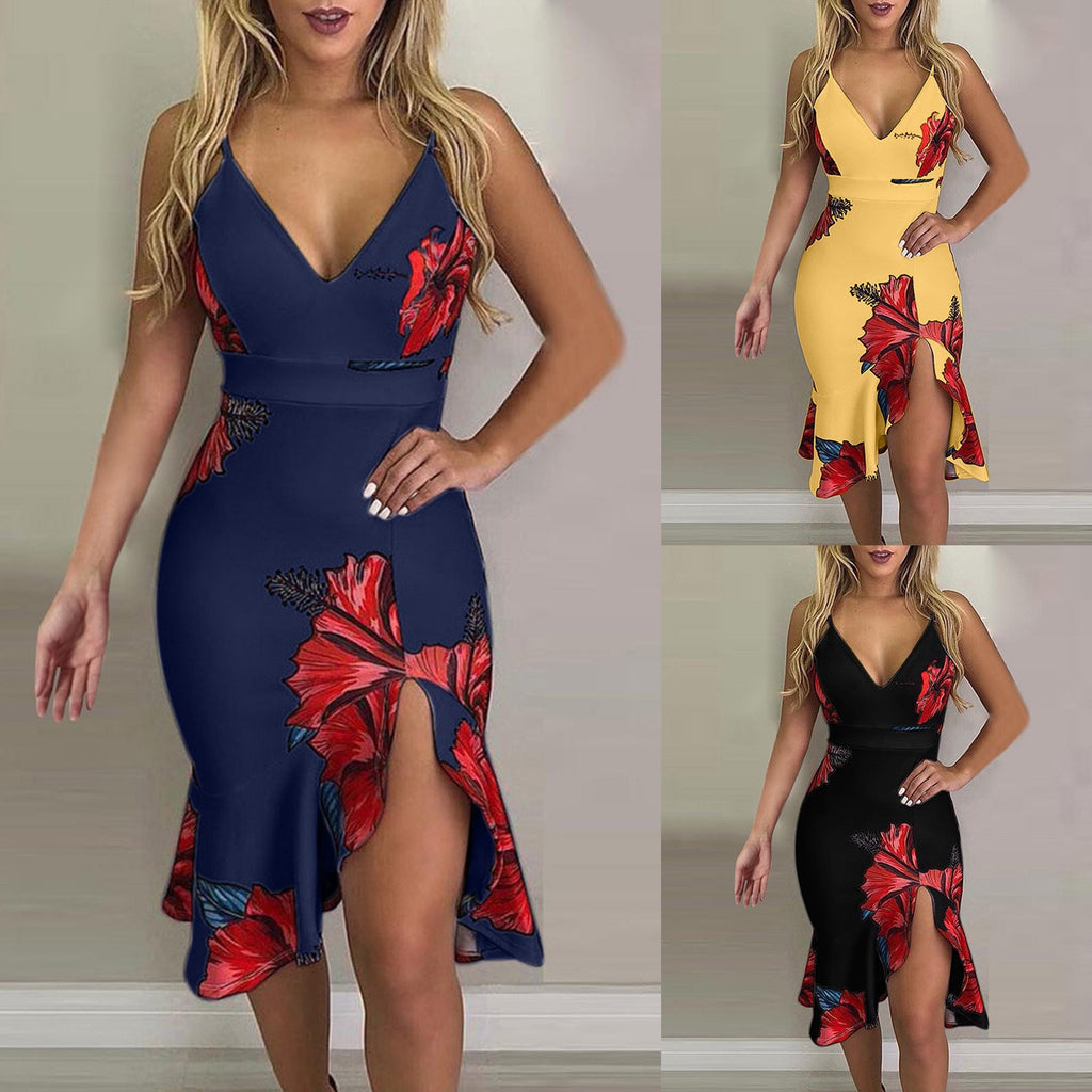 Floral Print V-Neck Ruffle Slit Bodycon Midi Dress