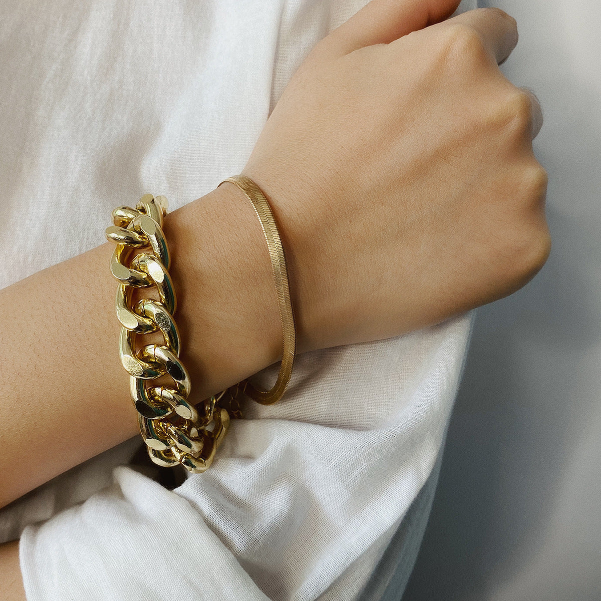 Gold Herringbone Flat Chain Bracelet