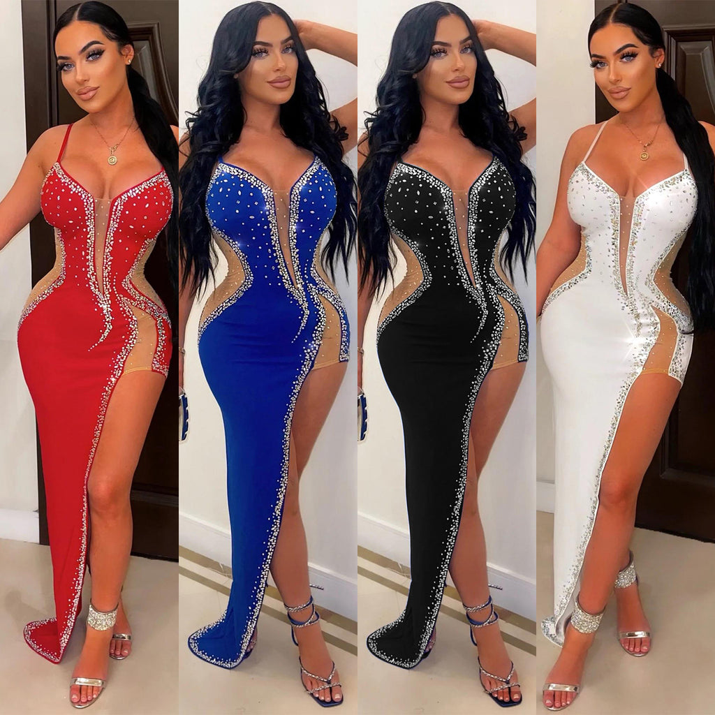 Rhinestone Sheer-Panel High-Slit Maxi Dress