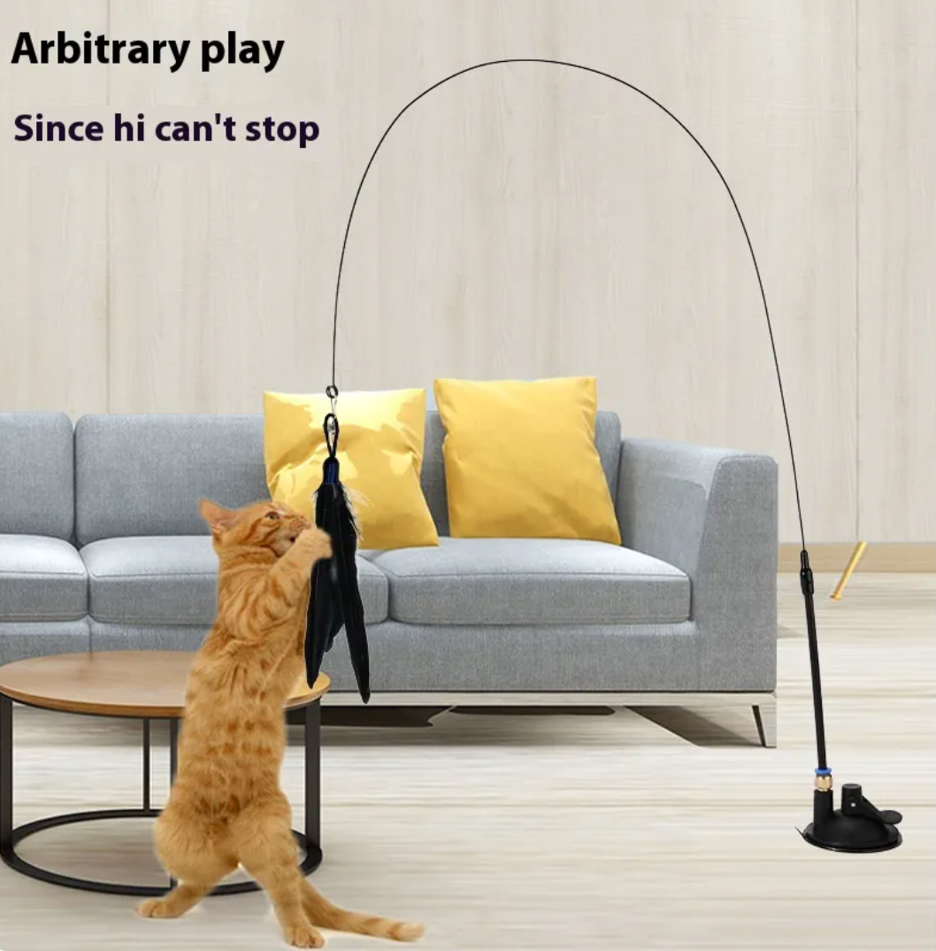 Suction Cup Cat Teaser Wand with Bell, Interactive Feather Toy with Flexible Wire and Interchangeable Feathers for Self-Play