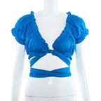 Deep V-Neck Ruffle Edge Crop Top with Ties