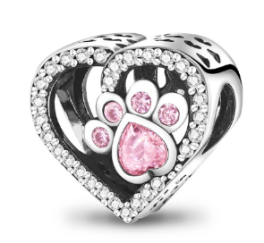 Pink Paw Print Heart Charm Bead