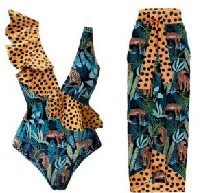 Leopard Jungle Print Ruffle One-Piece Swimsuit Set