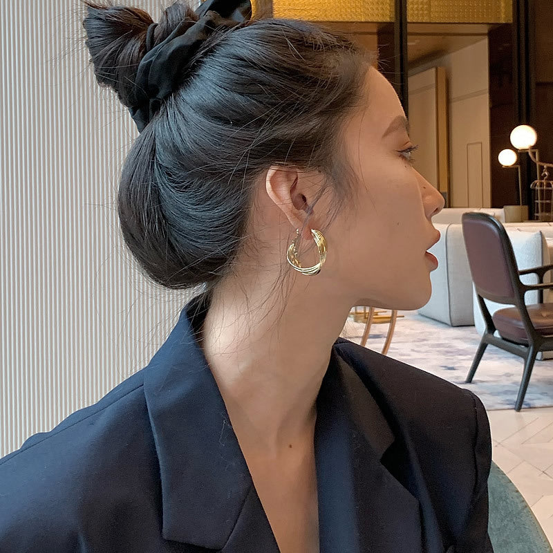 Silver Cross Metal Braided Hoop Earrings