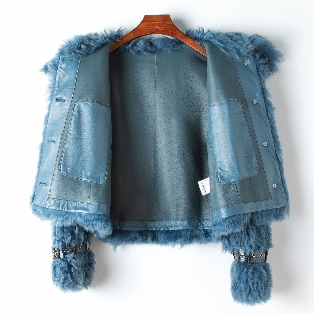 Cotton Jacket with Teddy Fur Collar in Denim Blue