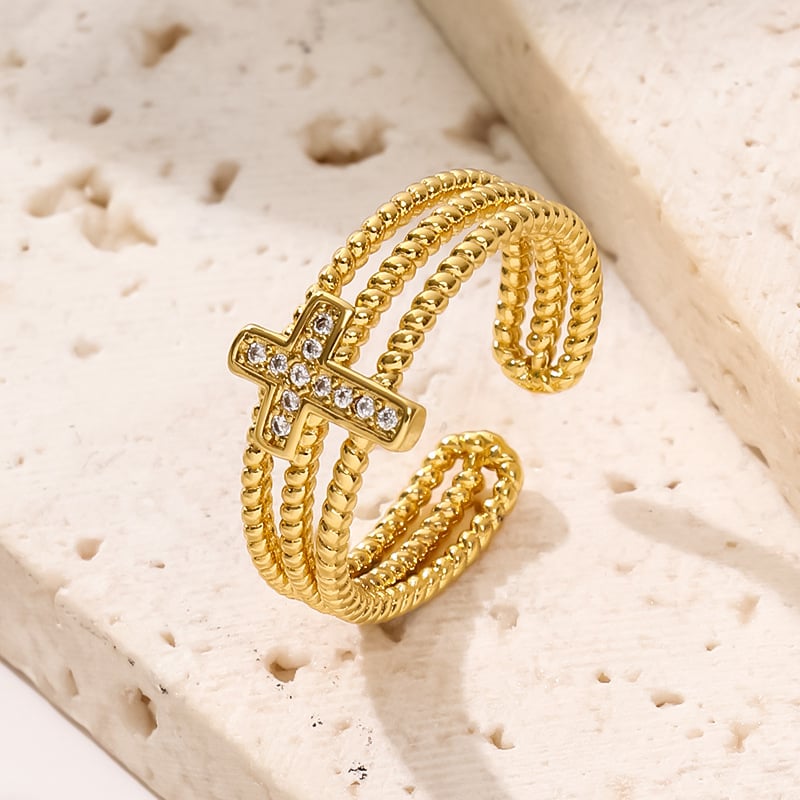 Gold-Plated Zircon Cross Ring