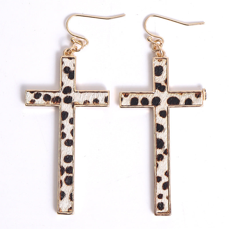 Leopard Print Cross Drop Earrings