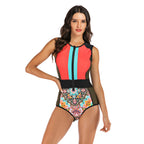 Colorblock Zip-Front Sleeveless Surf Swimsuit