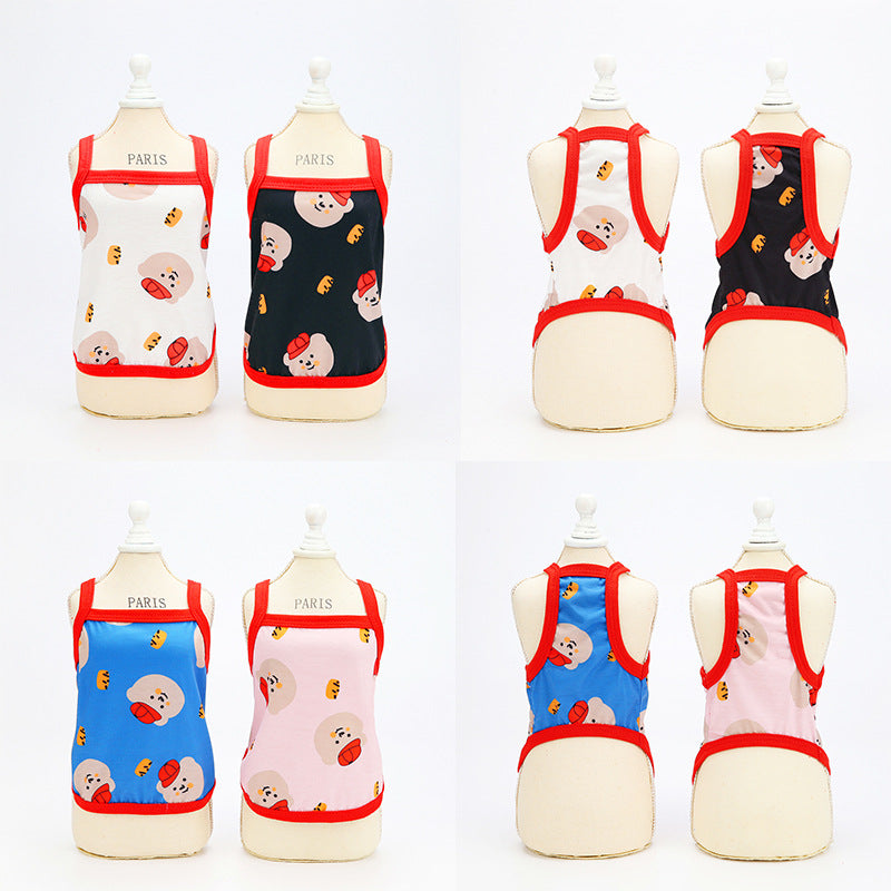 Small Dog Cartoon Face Print Tank Top, Soft Breathable Sleeveless Pet Vest with Contrast Red Trim for Puppies and Cats