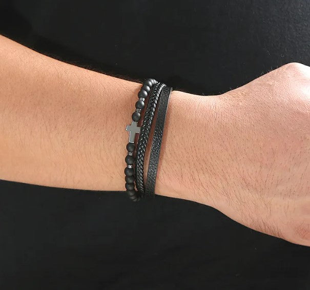 Leather Beaded Cross Bracelet