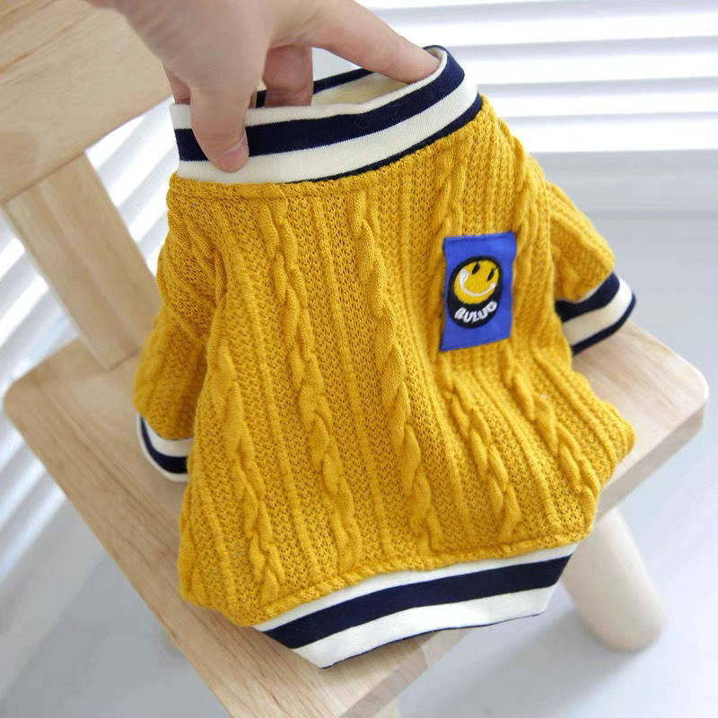 Cable-Knit Dog Sweater with Varsity Stripe Trim, Warm Preppy Pullover for Small to Medium Dogs, Spring Fall Pet Clothes