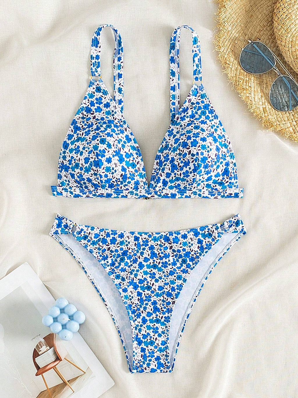 Women's Blue Floral Print Two-Piece Bikini Set