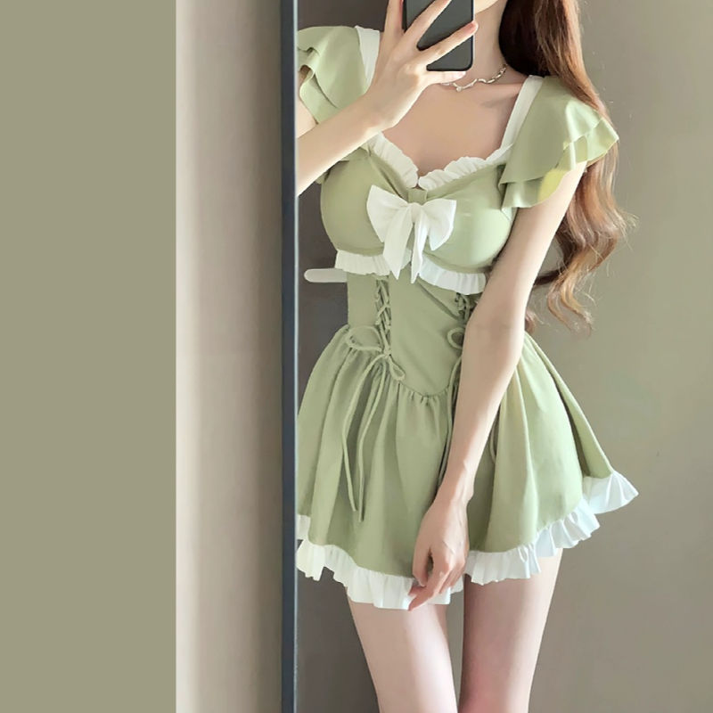 Women's Sage Green Bow-Front Ruffle Mini Dress