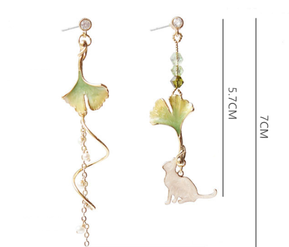 Ginkgo Leaf and Cat Drop Earrings