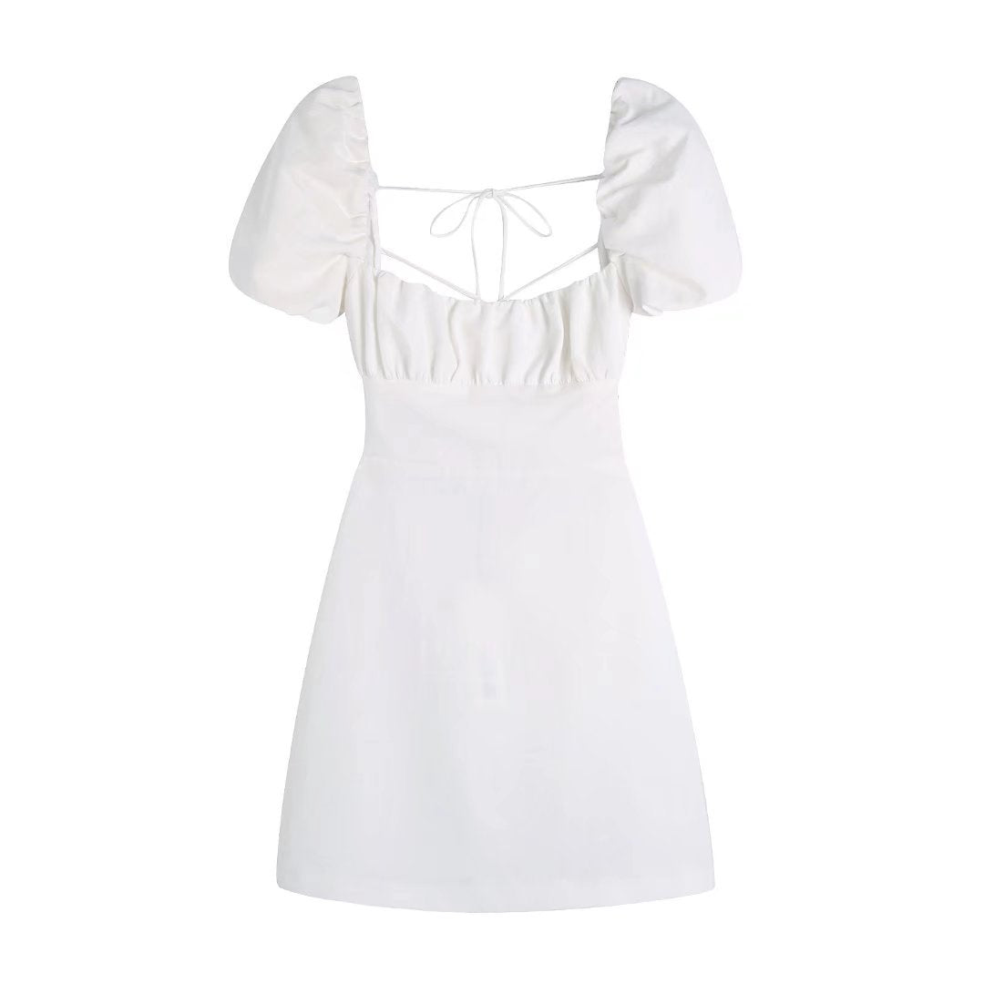 Backless Crossover Camisole Dress with Puff Sleeves