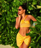 Navy Twist-Front Three-Piece Bikini and Sarong Set