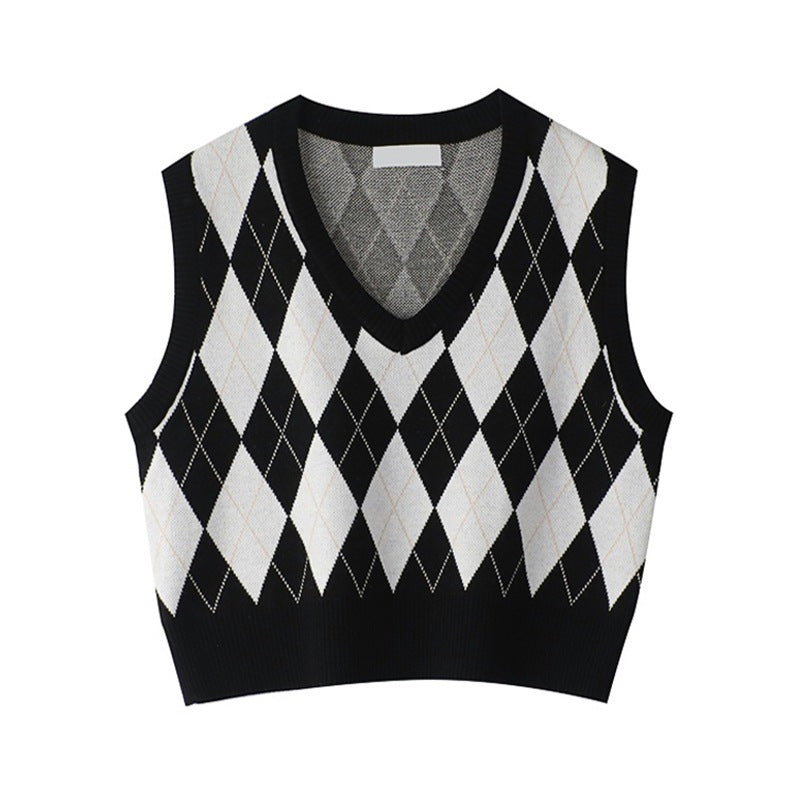 Vintage Plaid V Neck Sweater Tank Top for Women