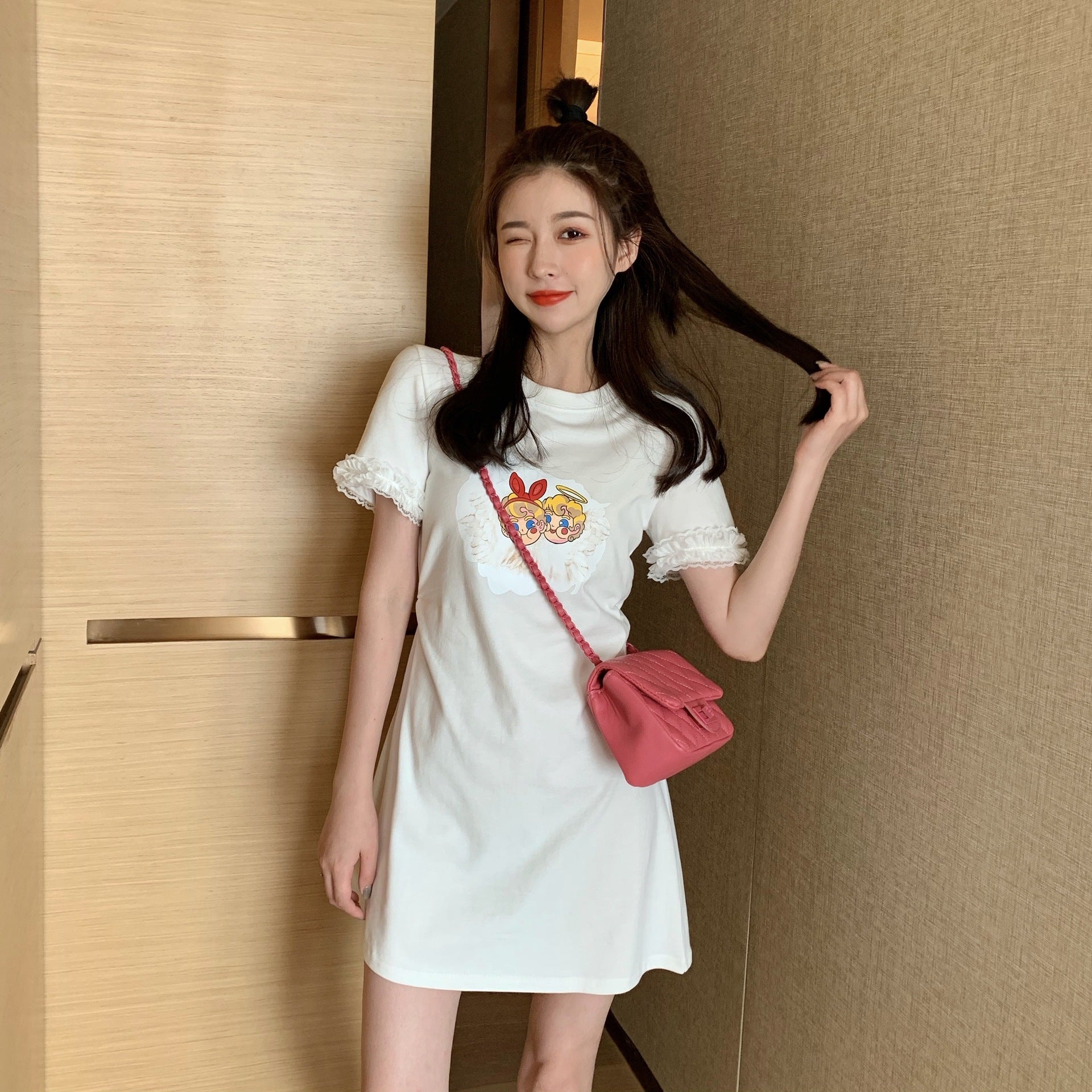 2020 Summer Cute Cartoon Print Lace Trim Dress