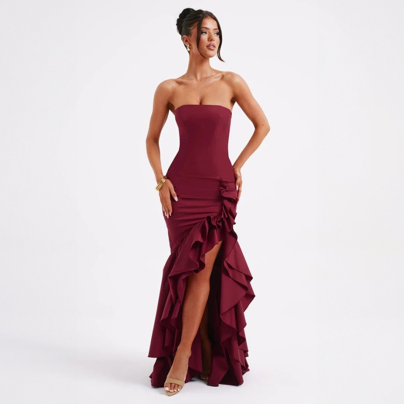 Strapless Ruffle Asymmetric Mermaid Maxi Dress