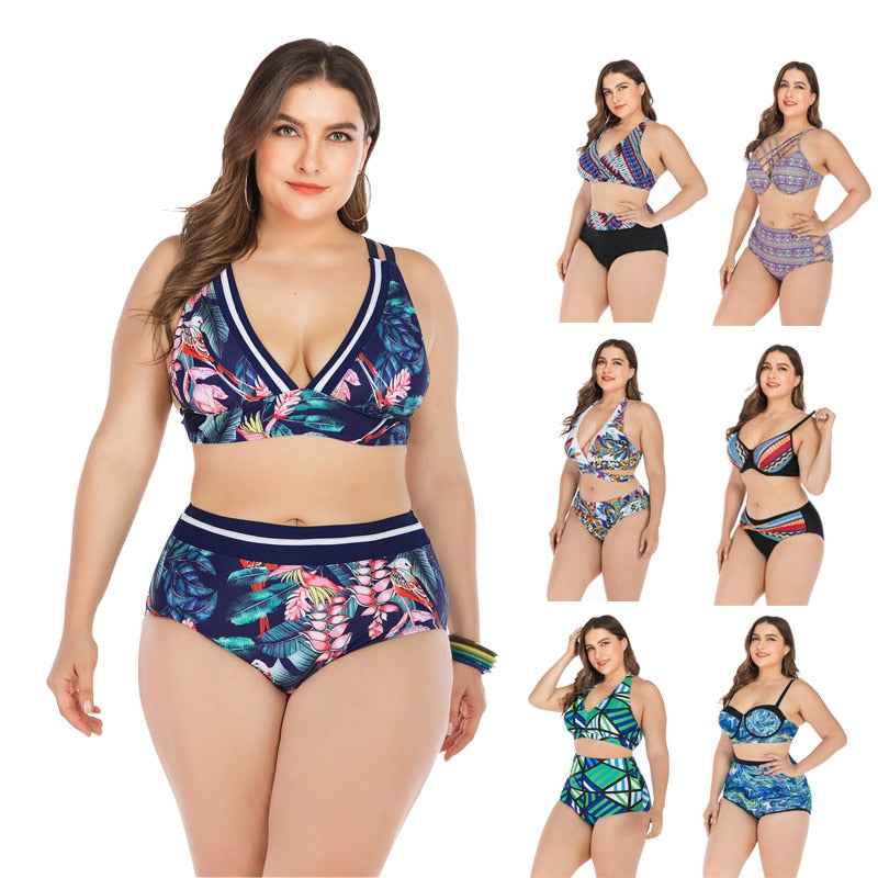 Plus Size Tropical Print High-Waist Bikini Set