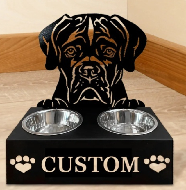 Elevated Dog Bowl Stand with Personalized Name, Raised Metal Double Bowl Feeder with Dog Silhouette, Stainless Steel Food and Water Bowls