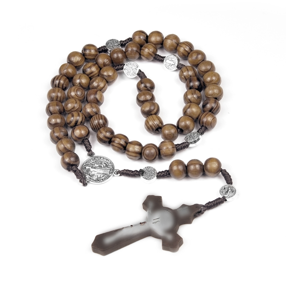 Wood Bead Cross Rosary Necklace | Christian Jewelry