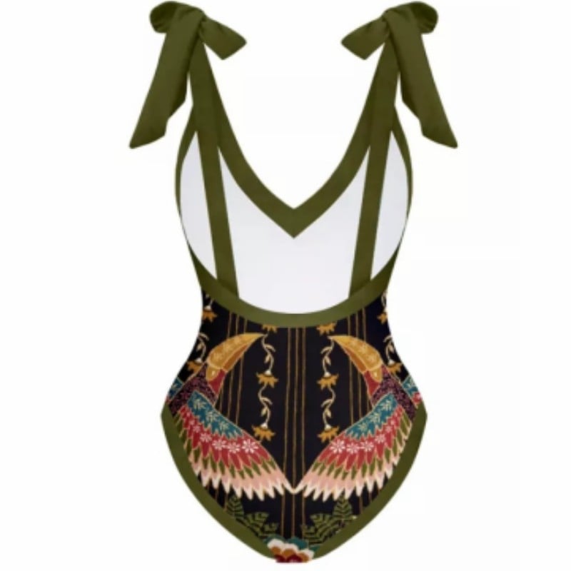 Women's Boho Bird Floral One-Piece Swimsuit with Cover-Up Skirt