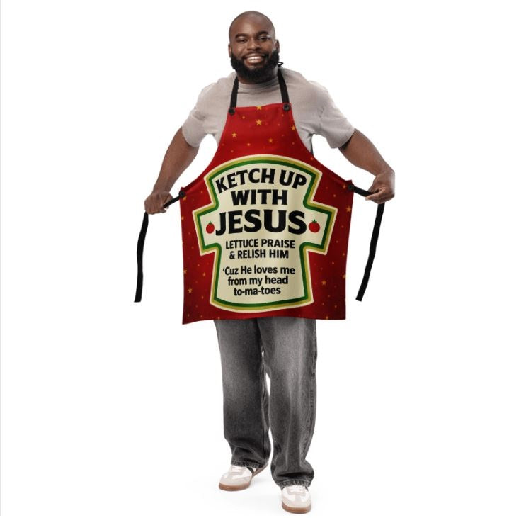 Model wearing Ketchup with Jesus apron